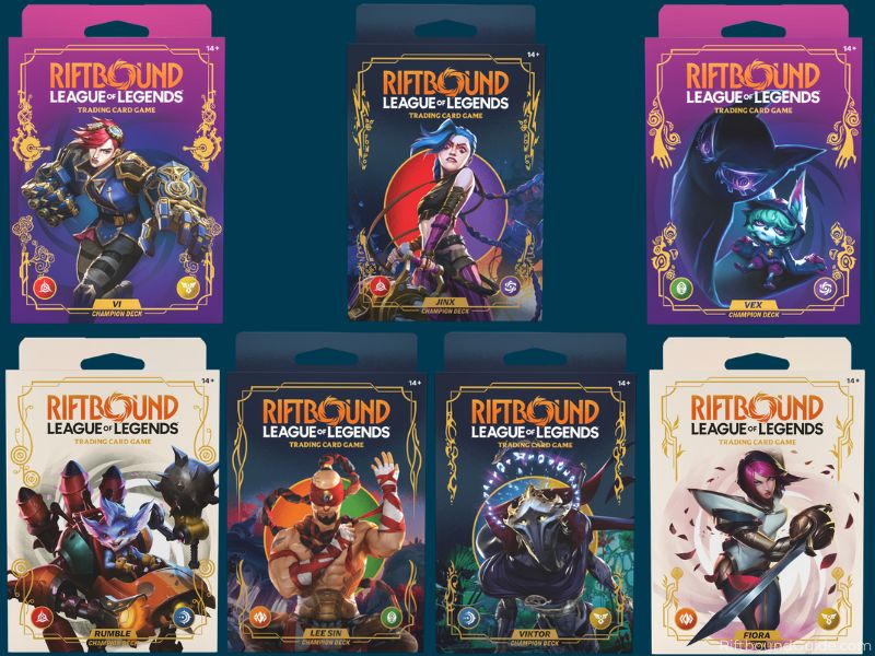 Riftbound starter deck options: Proving Grounds box set and Champion Decks for Jinx, Viktor, Lee Sin, Fiora, Rumble, vex, vi