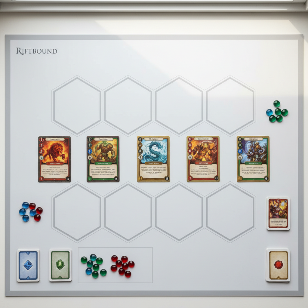 A top-down photographic view of a mid-game Riftbound battlefield spread across a clean, light gray playmat printed with subtle zone outlines. On one side, a row of creature cards with elemental artwork faces a line of opposing defenders, each card slightly angled toward the center as if engaged in combat. Small, colored gem-like tokens and neatly stacked resource cards are placed in designated areas, all clearly visible. Soft overcast window light from above-right provides even, shadow-free illumination, making every symbol and number easy to read. The atmosphere is focused yet approachable, with a balanced composition that uses the rule of thirds to highlight the combat row, ideal for illustrating basic rules and mechanics to beginners.