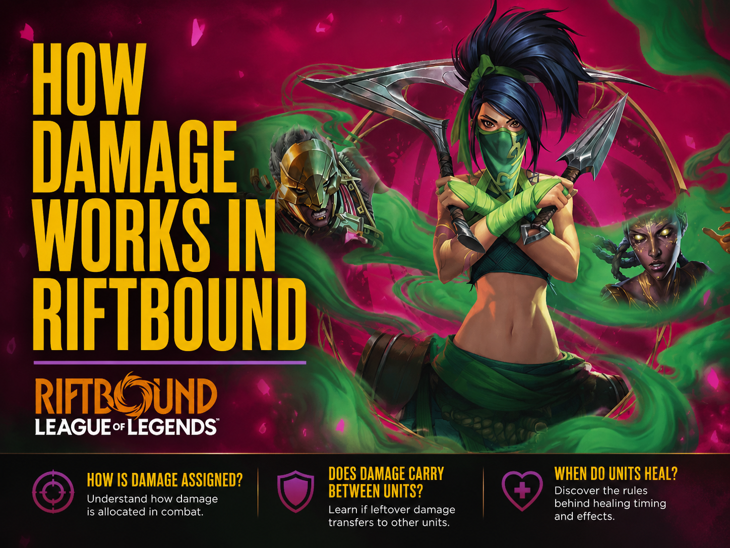 Akali, Mel and Ambessa in Riftbound key art, with text overlay reading How Damage Works
