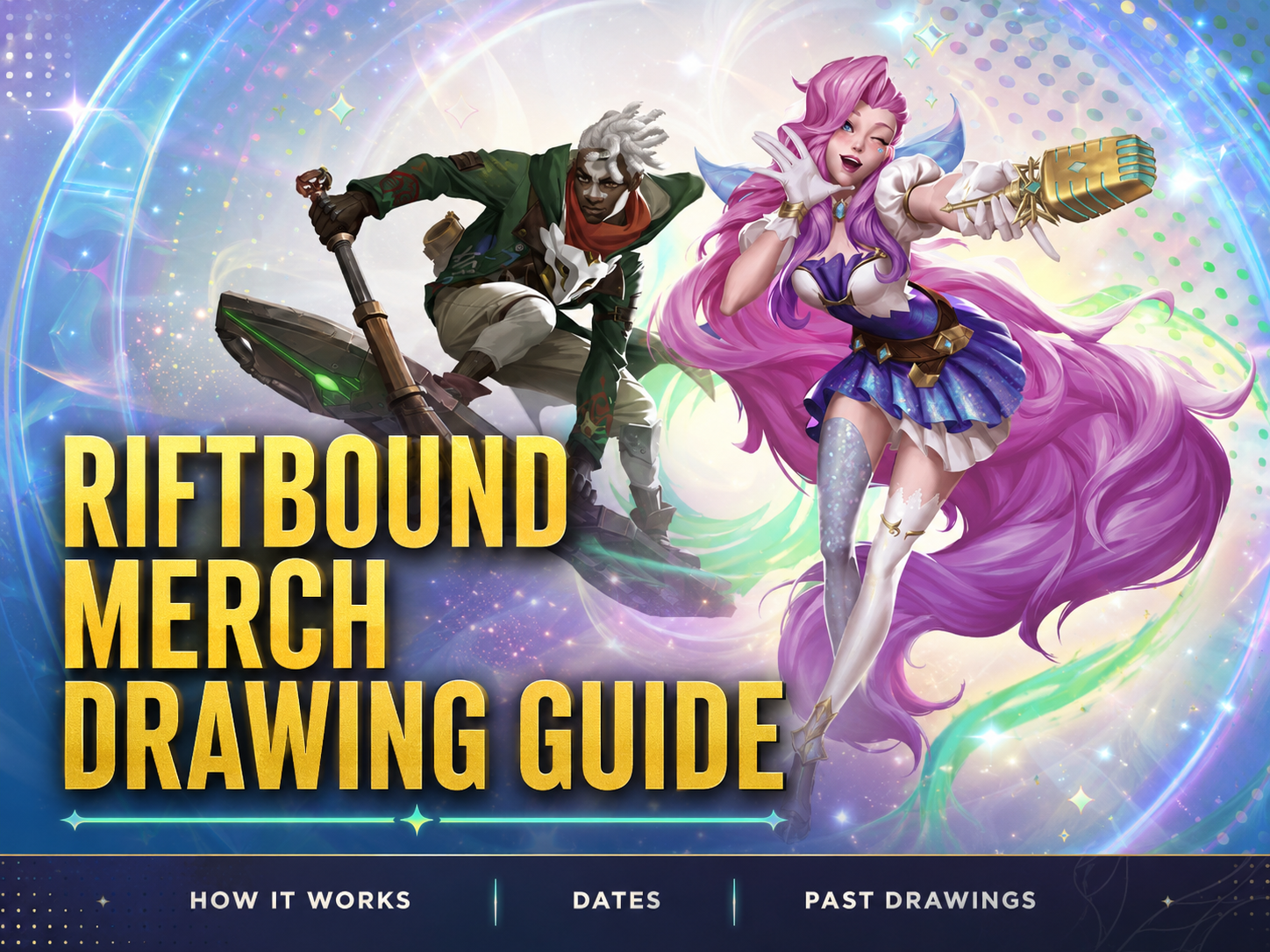 Riftbound Merch Drawing Guide featured image with Radiance-themed artwork, gold title text, and bottom labels for how it works, dates, and past drawings.