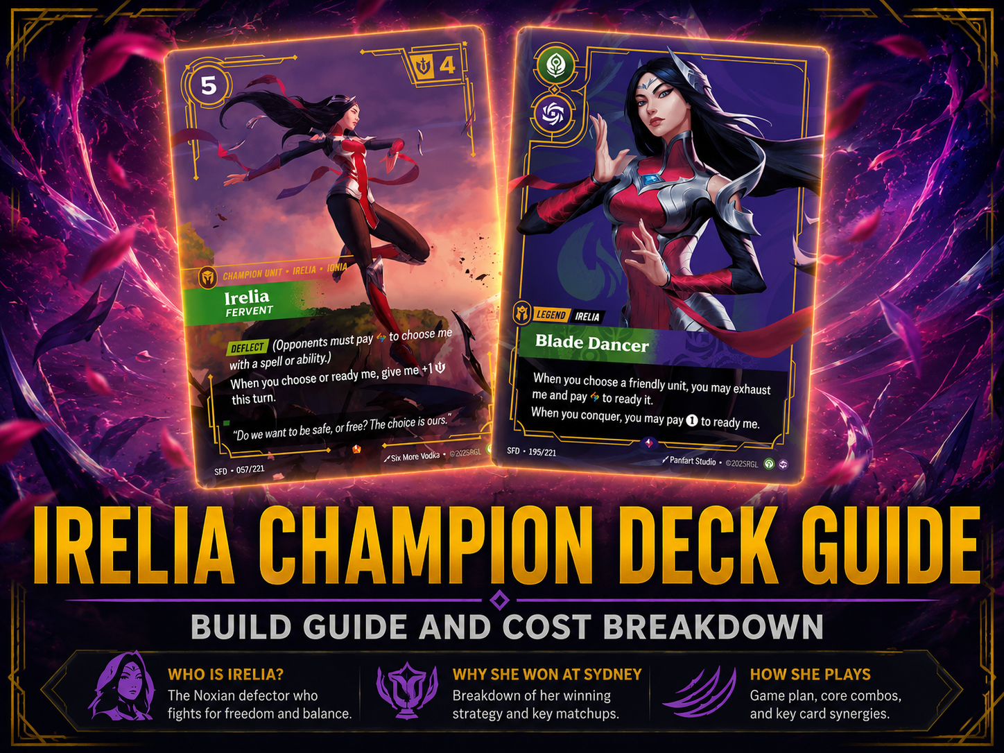 Riftbound Irelia deck guide thumbnail showing Irelia cards, strategy breakdown, and build cost analysis for the trading card game
