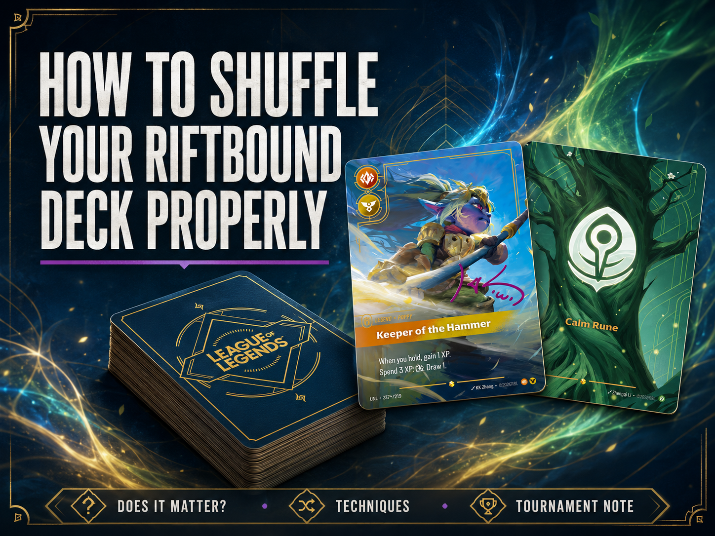 Riftbound TCG featured image showing a deck of League of Legends card backs beside Keeper of the Hammer and Calm Rune cards, with the title “How to Shuffle Your Riftbound Deck Properly.”
