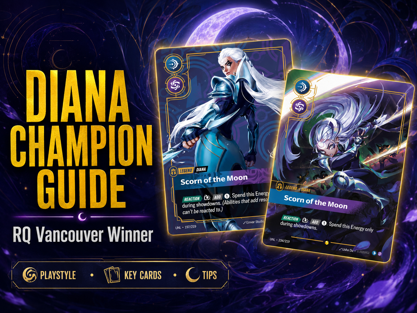 Diana Champion Guide featured image showing two Riftbound Diana cards with moonlit purple artwork, gold glow, and the subtitle RQ Vancouver Winner.