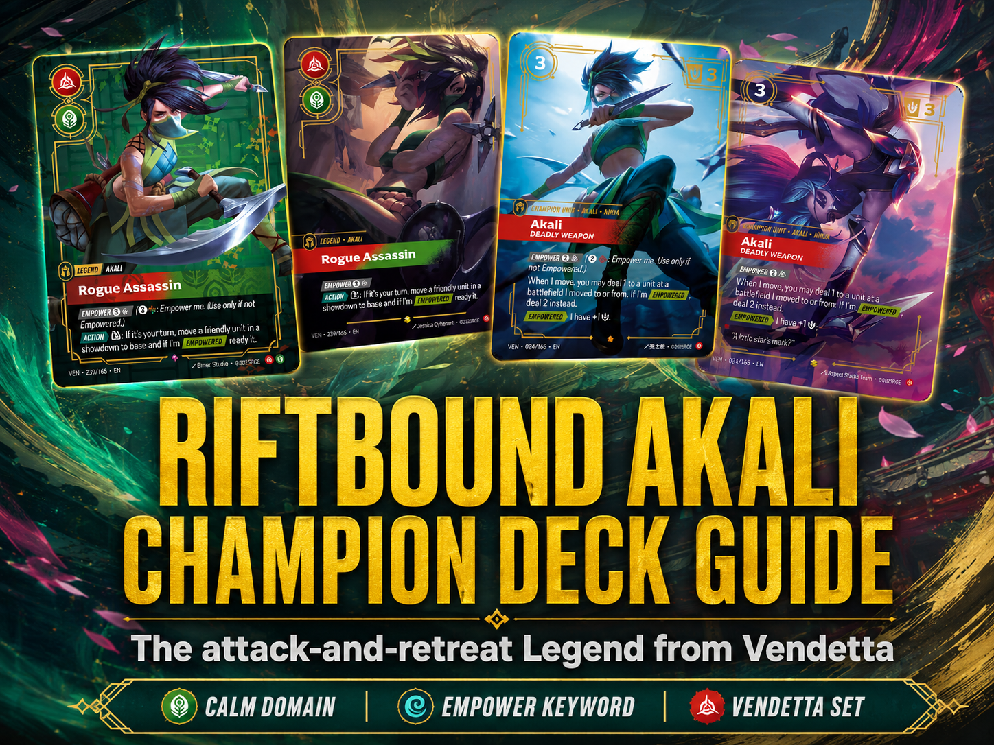 Riftbound Akali champion deck guide featuring four Rogue Assassin and Deadly Weapon Akali cards from the Vendetta set.