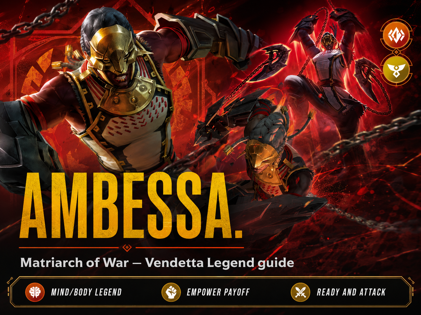 Riftbound TCG Ambessa Matriarch of War guide featured image showing Ambessa artwork from the Matriarch of War legend cards with a red, chain-themed background inspired by Public Execution, titled 'Ambessa – Matriarch of War Vendetta Legend Guide