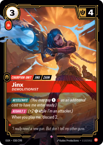 Jinx Demolitionist base Champion Unit card OGN-030