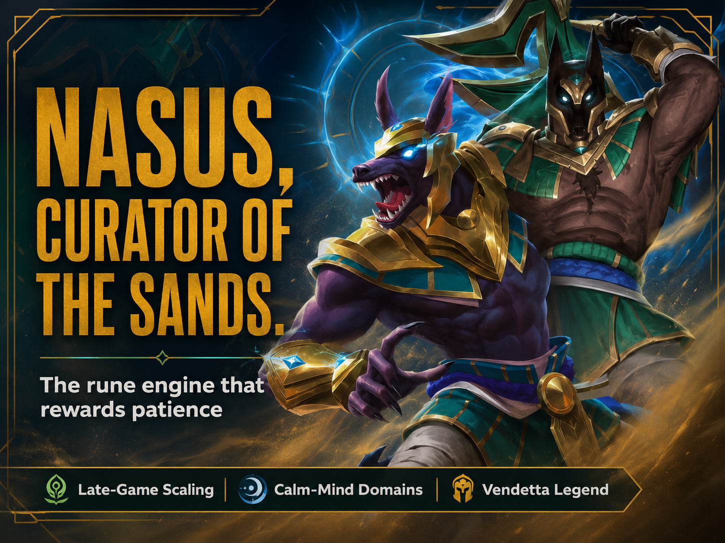 Riftbound TCG featured image showing Nasus, Curator of the Sands in two alternate card artworks surrounded by swirling blue rune energy inspired by Siphoning Strike, with the title 'Nasus, Curator of the Sands' and the subtitle 'The rune engine that rewards patience'