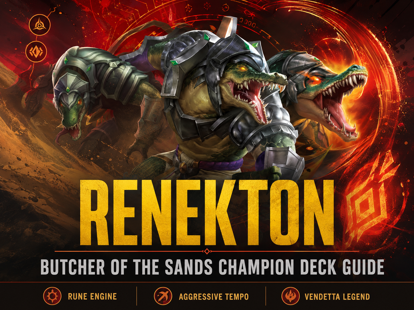 Renekton Butcher of the Sands Champion Deck Guide featured image for Riftbound TCG, showcasing Renekton with Butcher of the Sands and Dominus card artwork against a fiery Shuriman sandstorm background with siphoning strike-inspired energy effects.
