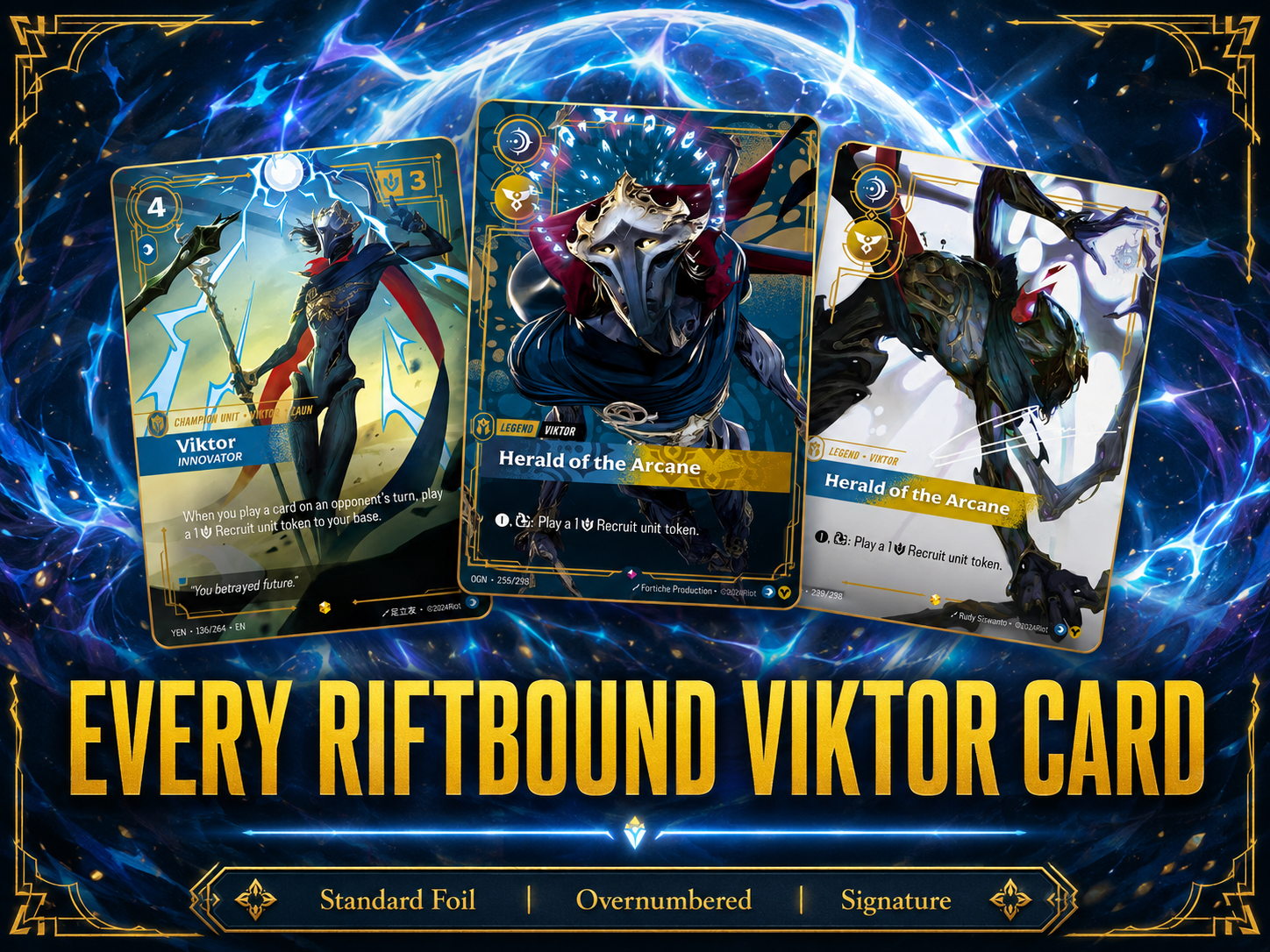 Three Riftbound Viktor cards against a blue arcane energy background with the title “Every Riftbound Viktor Card.”