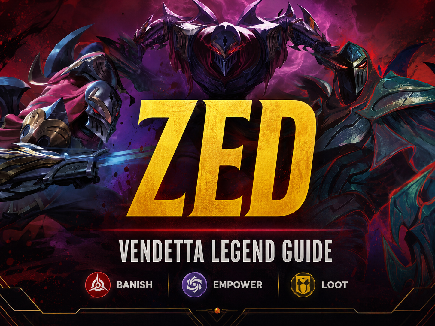 Featured image for a Riftbound TCG Zed Vendetta Legend Guide, showcasing Zed artwork with a shadow-themed red and purple background, large gold 'ZED' title, and keywords Banish, Empower, and Loot."